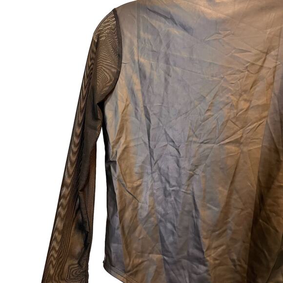 Black Faux Leather Bodysuit Chiffon Sleeve Zip Front Small - Picture 2 of 7